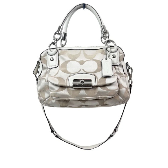 Coach Handbags - Coach Tan/White/Cream Kristen Signature Fabric Double Zip Satchel